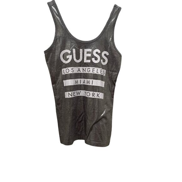 GUESS Metallic Front Logo Tank Top Sz LG Gray Jersey Scoop Neck Sleeveless - Picture 1 of 8